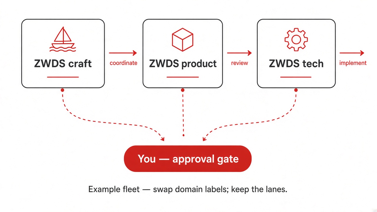 Fleet sketch: ZWDS craft, product, and tech with coordinate, review, implement; you at the approval gate