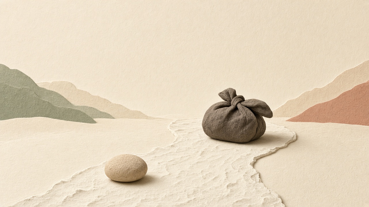 Cover: pebble on the path, heavy satchel left behind