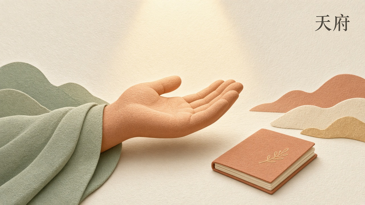 天府: open palm receiving light beside a small notebook