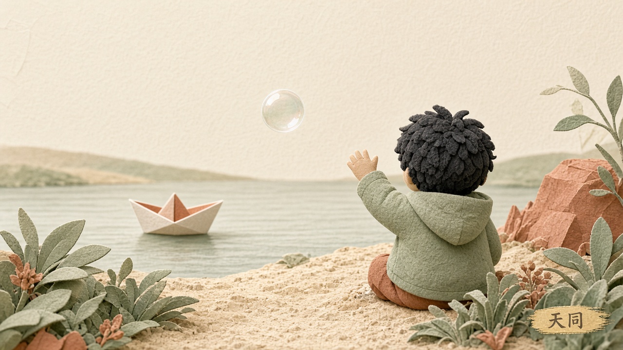 天同: child watching a bubble and a paper boat