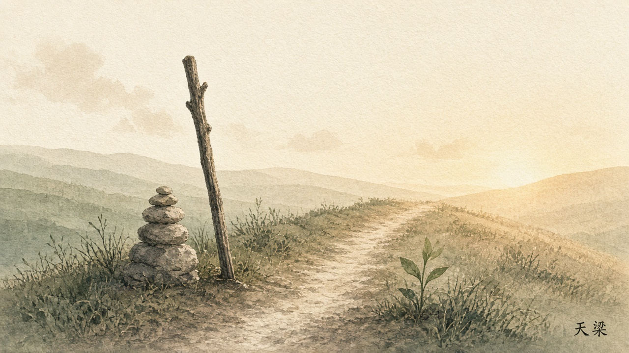 天梁: worn walking stick and cairn on a hill path